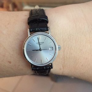 LONGINES Black Leather and Silver Watch